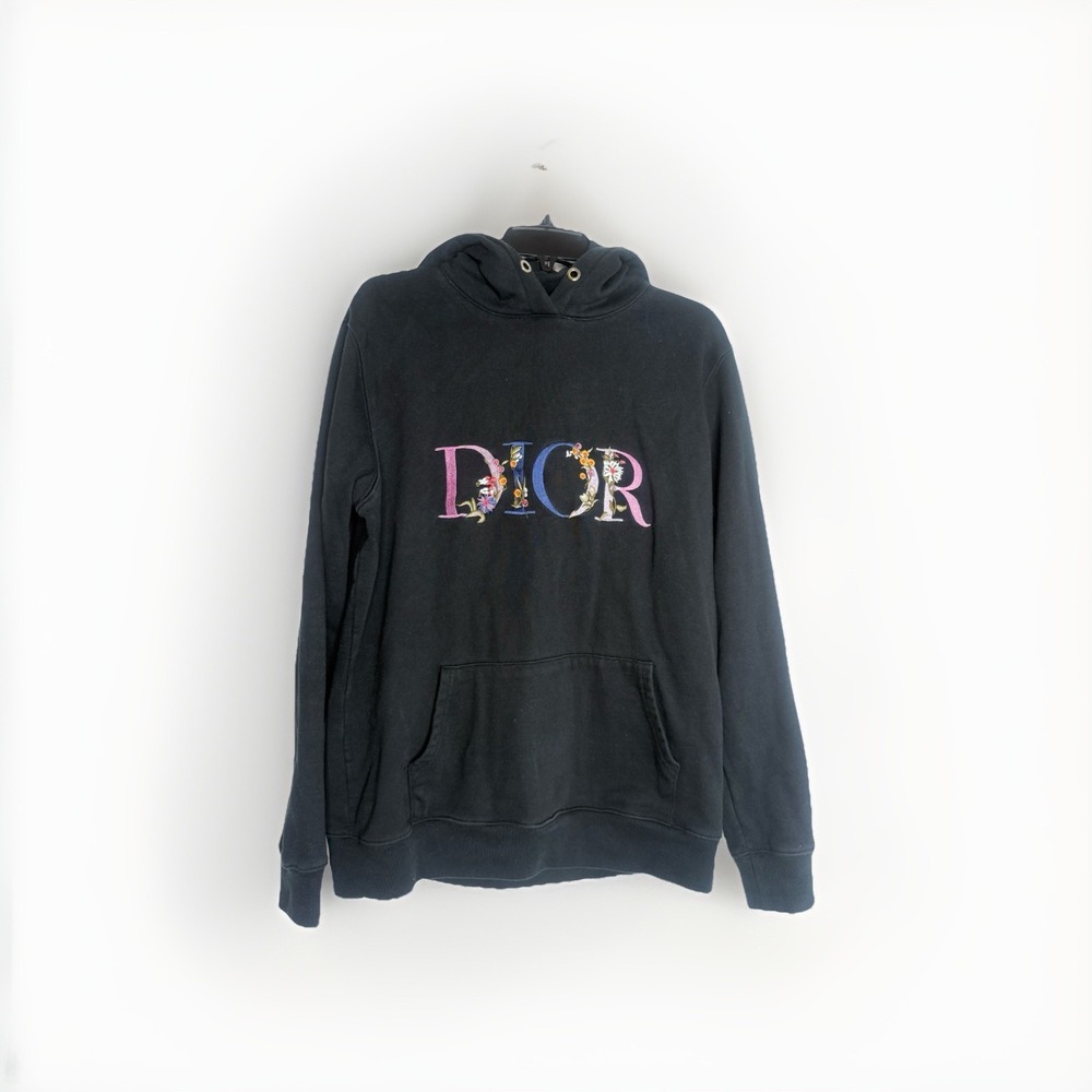 Christian Dior Black Embroidered Flower Hoodie Size M (missing Drawstring )
